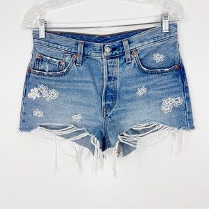 Levis 501 Floral Embroidered Denim Cutoff Shorts 28